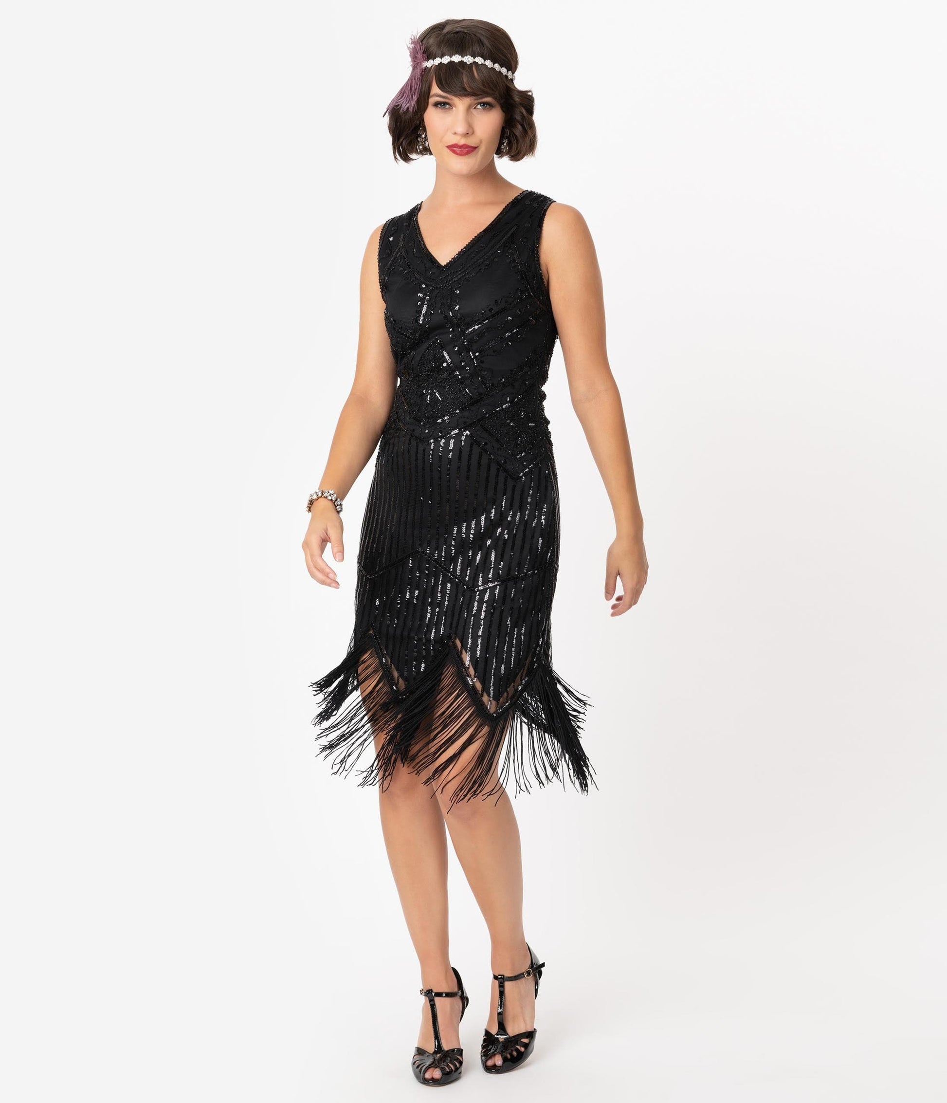 Unique Vintage 1920s Black Beaded Sequin Juliette Fringe Flapper Dress