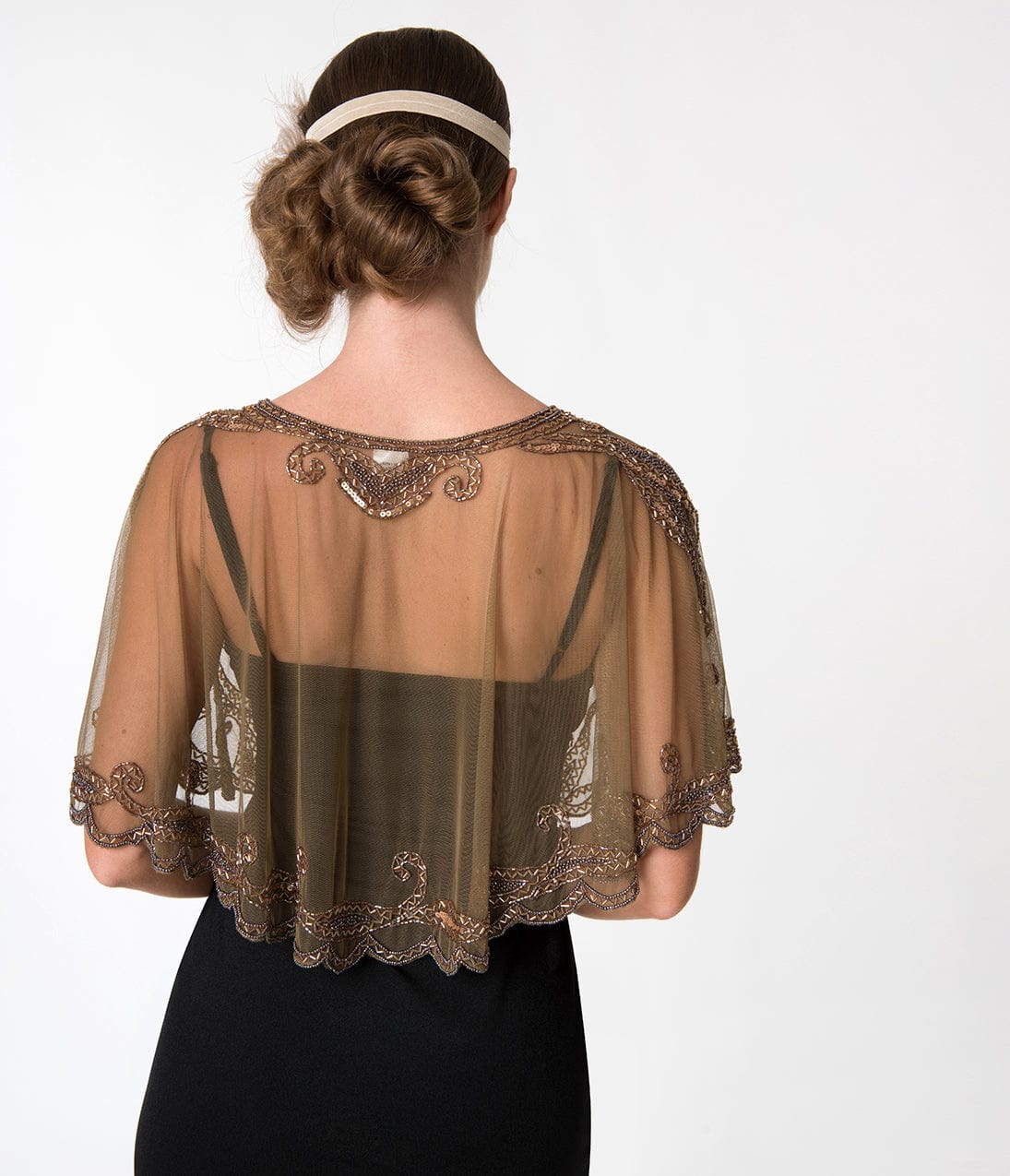 1920s Style Brown & Dusty Rose Gold Beaded Sheer Mesh Capelet