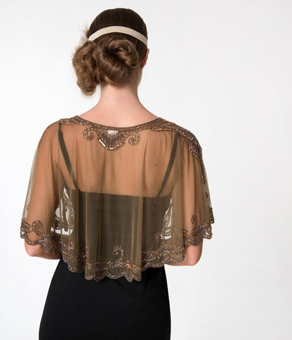 1920s Style Brown & Dusty Rose Gold Beaded Sheer Mesh Capelet