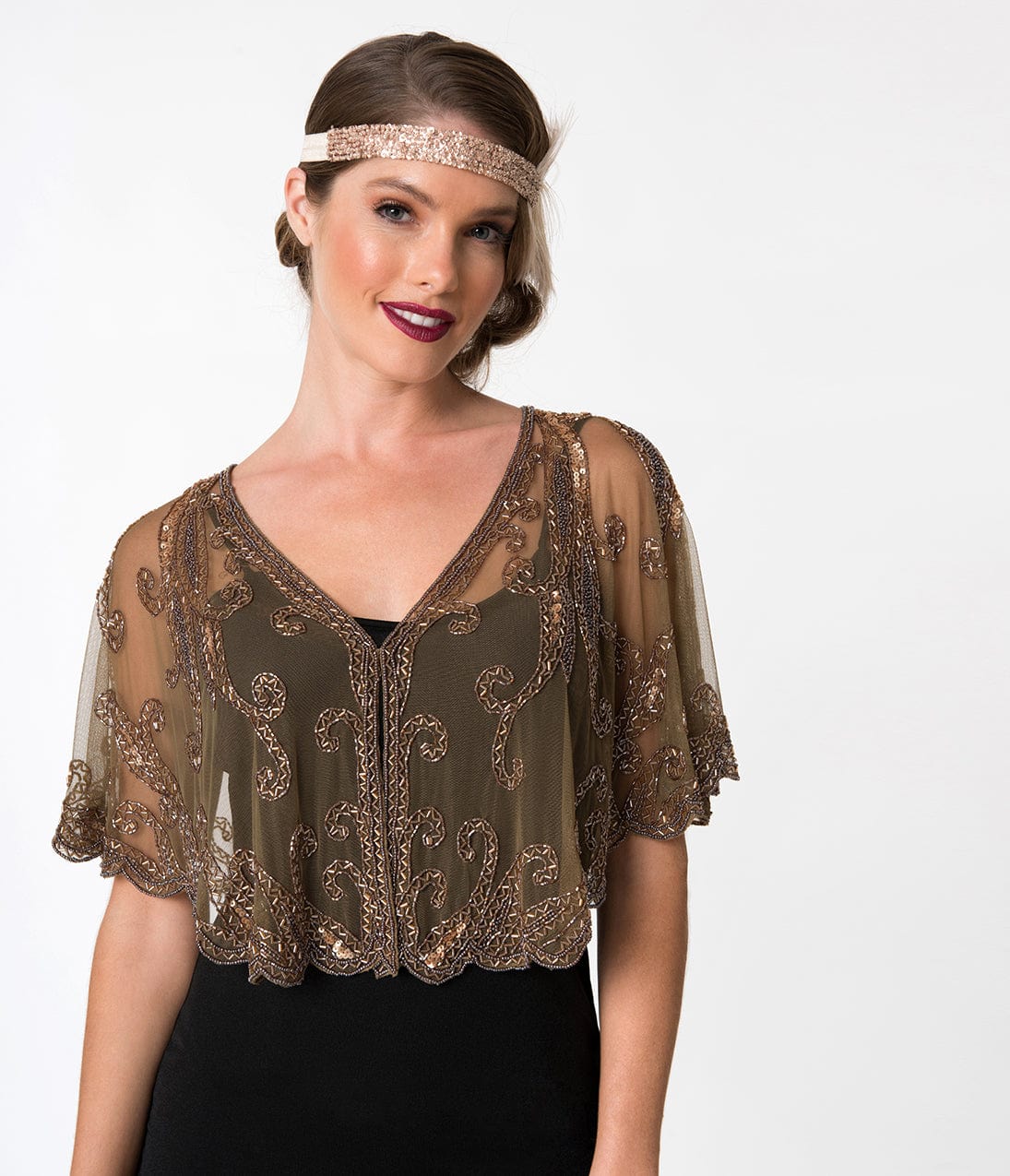 1920s Style Brown & Dusty Rose Gold Beaded Sheer Mesh Capelet
