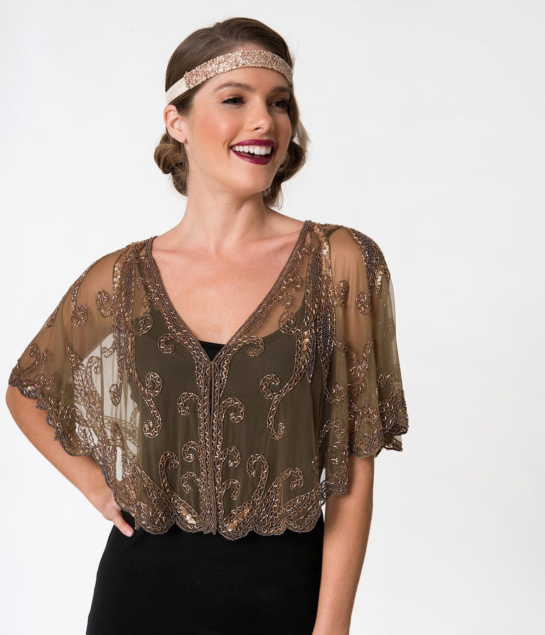 1920s Style Brown & Dusty Rose Gold Beaded Sheer Mesh Capelet