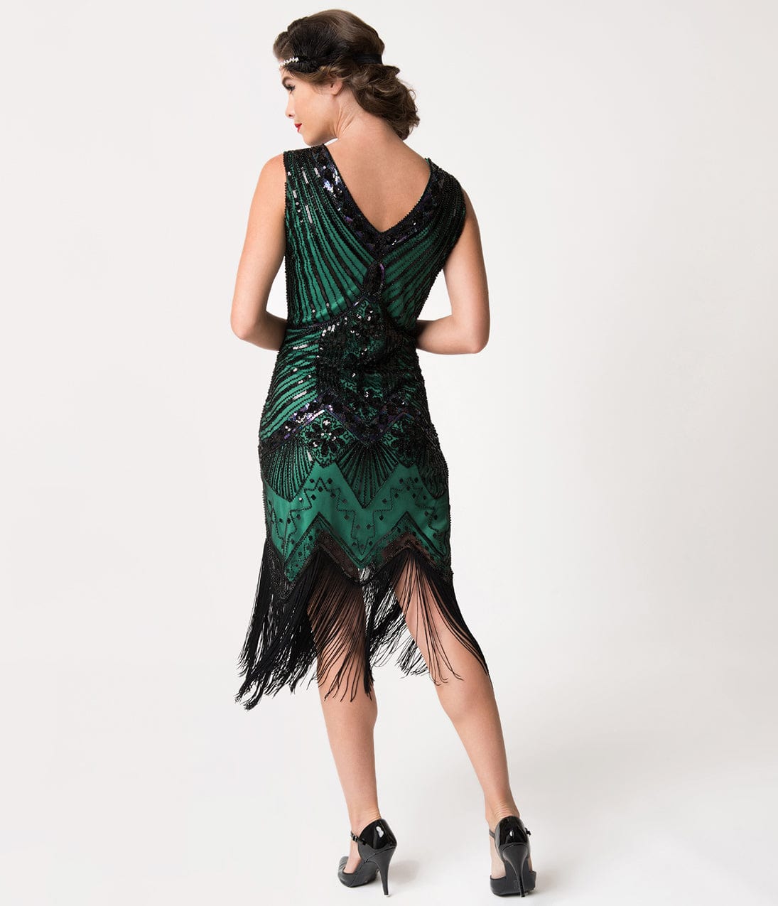Unique Vintage 1920s Deco Green & Black Sequin Veronique Fringe Flapper Dress