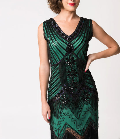 Unique Vintage 1920s Deco Green & Black Sequin Veronique Fringe Flapper Dress