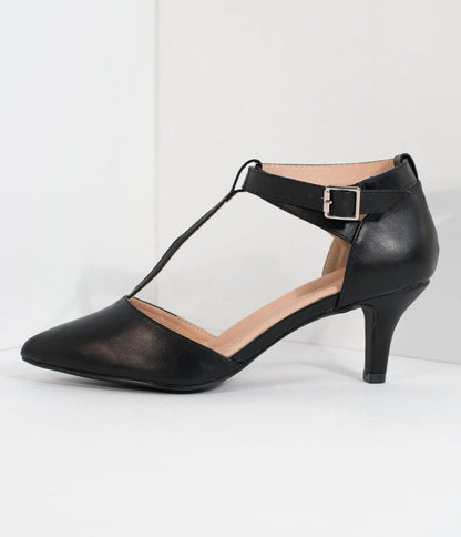 Black Leatherette Pointed Toe Ellie T-Strap Heels