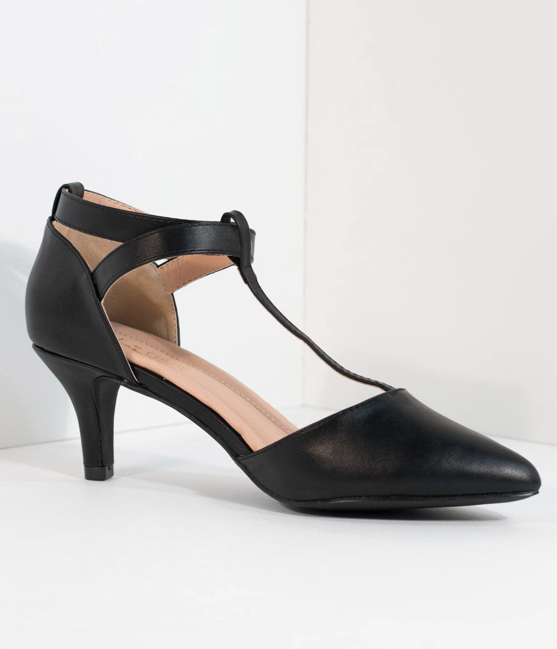 Black Leatherette Pointed Toe Ellie T-Strap Heels