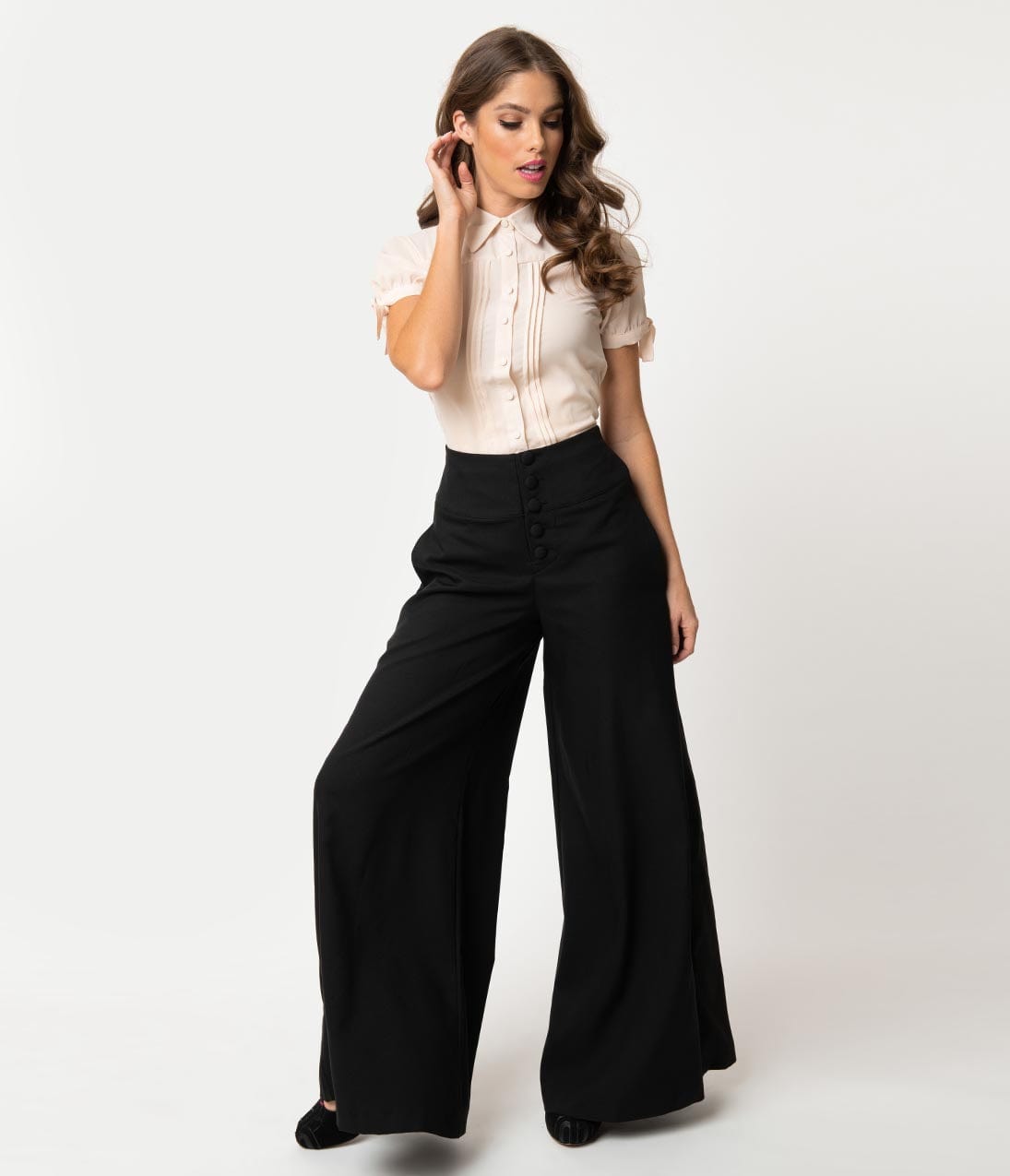 Unique Vintage 1940s Style Black High Waist Rosie Wide Leg Pants