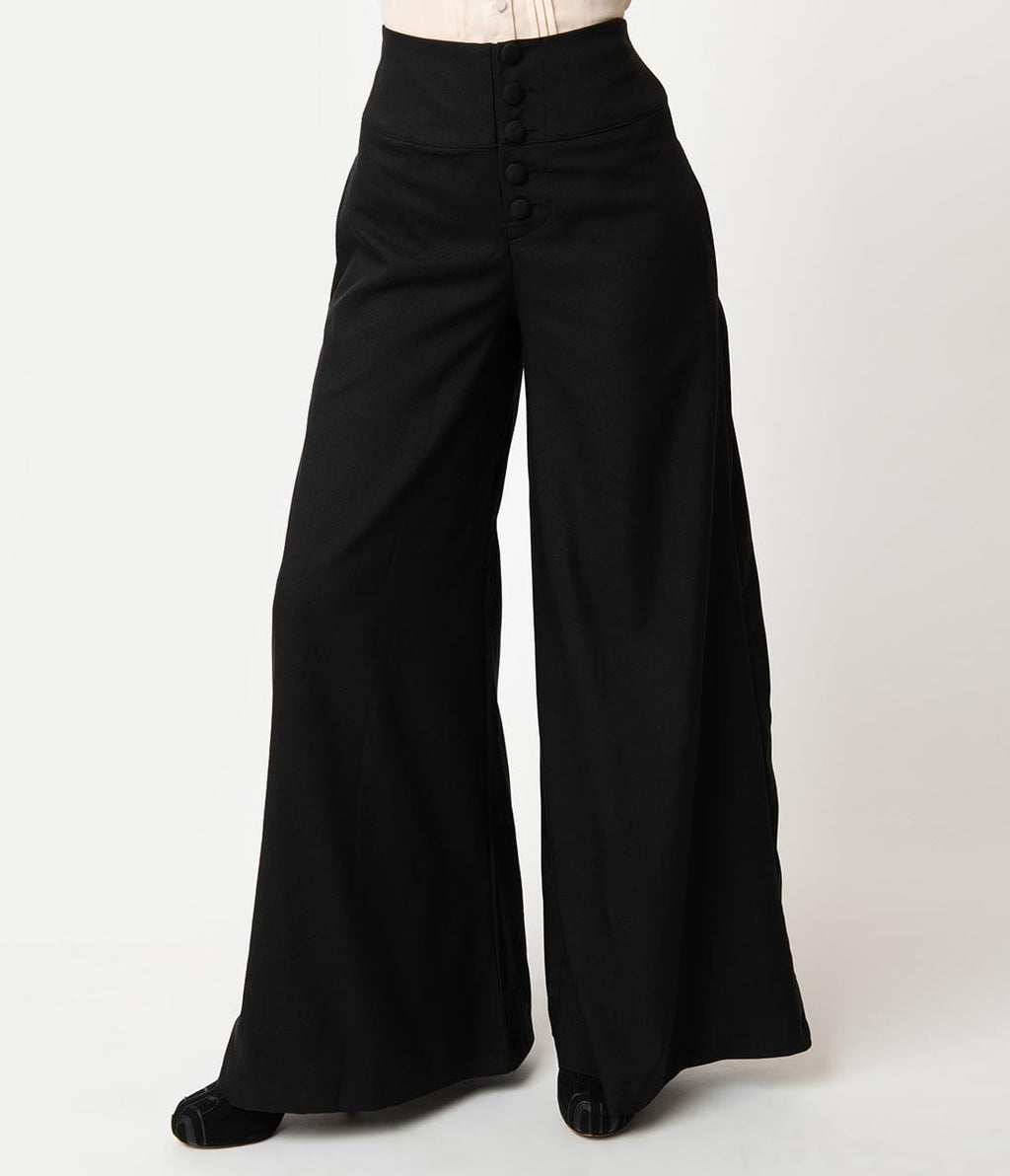 Unique Vintage 1940s Style Black High Waist Rosie Wide Leg Pants
