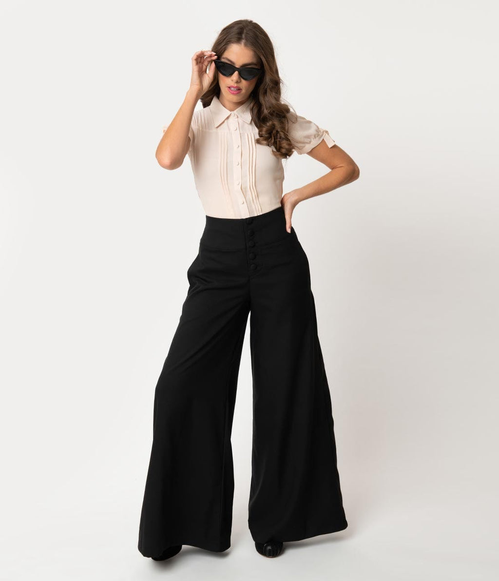 Unique Vintage 1940s Style Black High Waist Rosie Wide Leg Pants