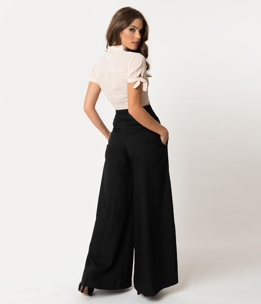 Unique Vintage 1940s Style Black High Waist Rosie Wide Leg Pants