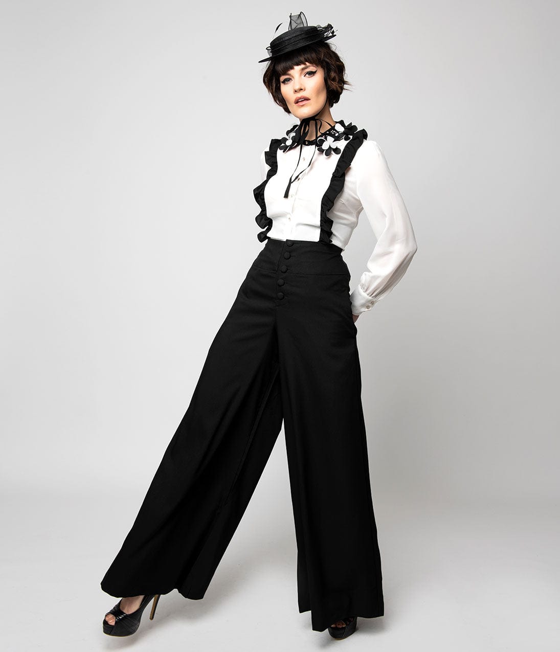 Unique Vintage 1940s Style Black High Waist Rosie Wide Leg Pants