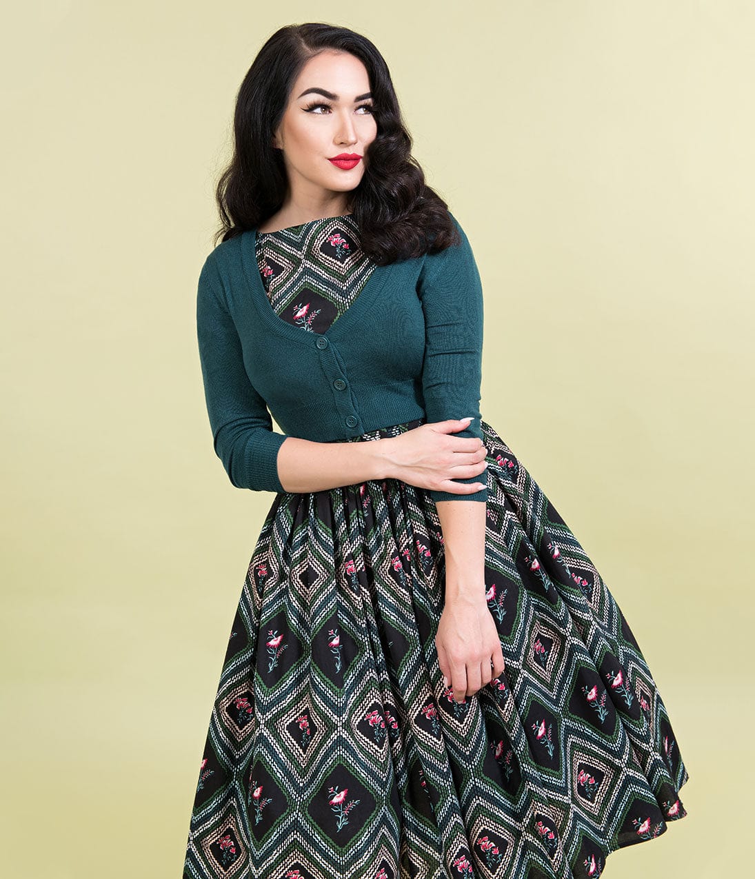Unique Vintage 1950s Style Black & Green Diamond Print Sleeved Sally Swing Dress