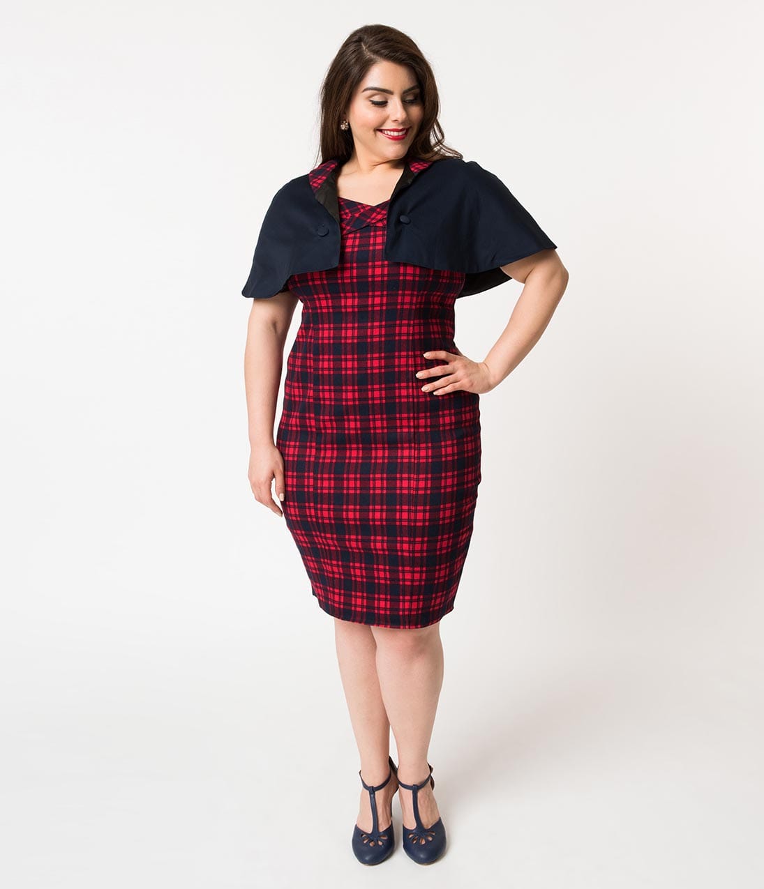 Unique Vintage Plus Size Red & Navy Plaid Cotton Strauss Wiggle Dress & Cape