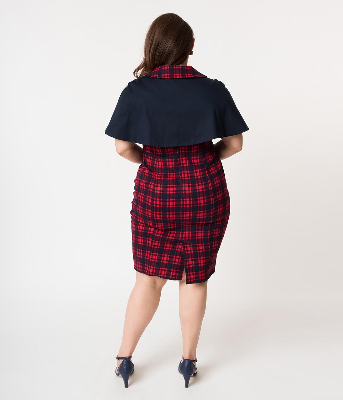 Unique Vintage Plus Size Red & Navy Plaid Cotton Strauss Wiggle Dress & Cape