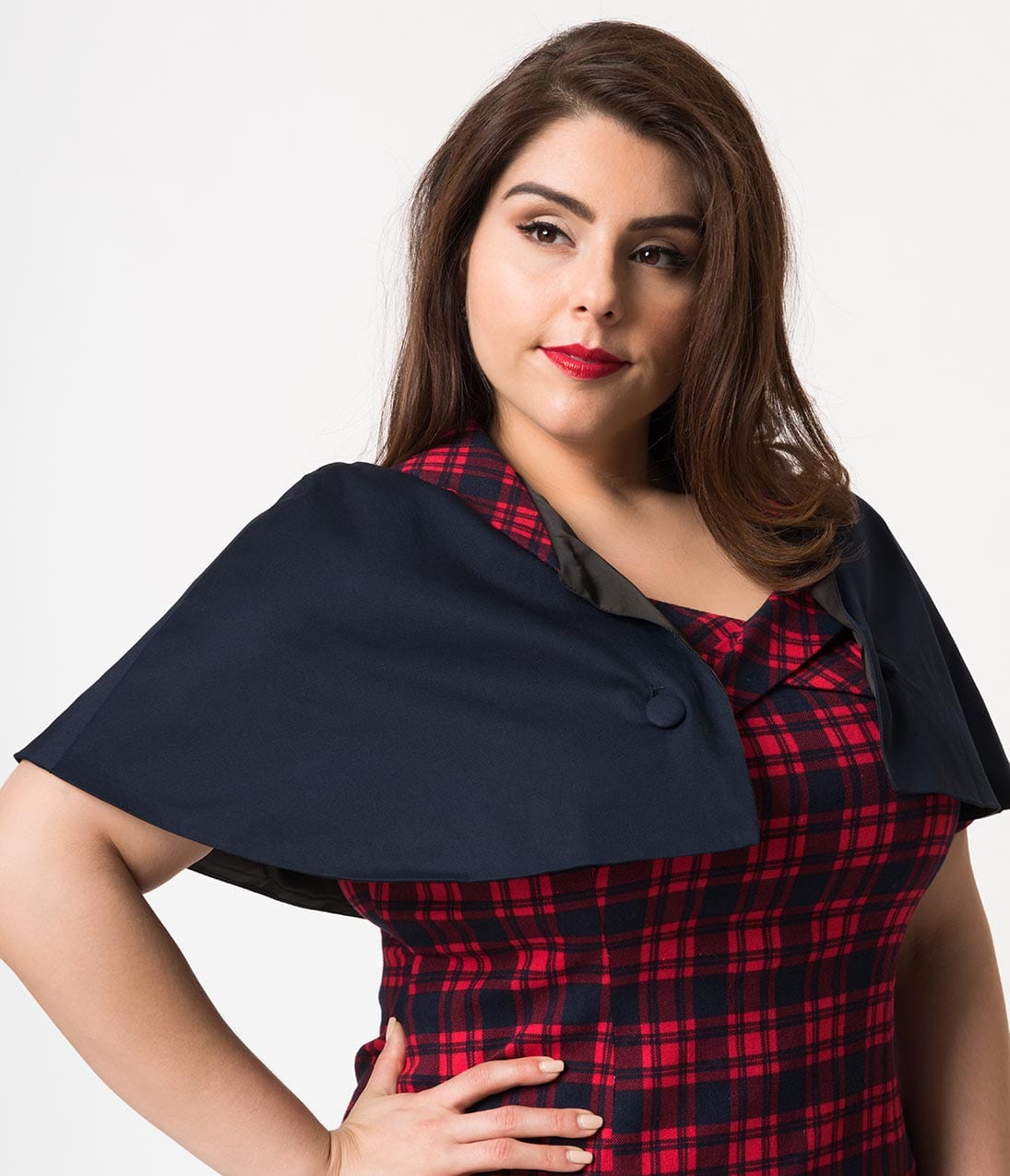 Unique Vintage Plus Size Red & Navy Plaid Cotton Strauss Wiggle Dress & Cape