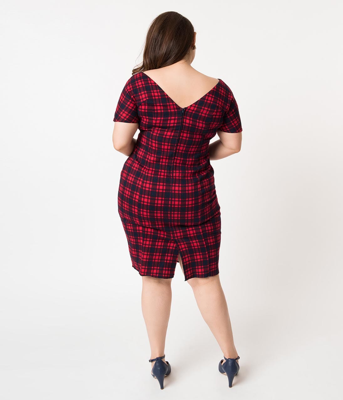 Unique Vintage Plus Size Red & Navy Plaid Cotton Strauss Wiggle Dress & Cape