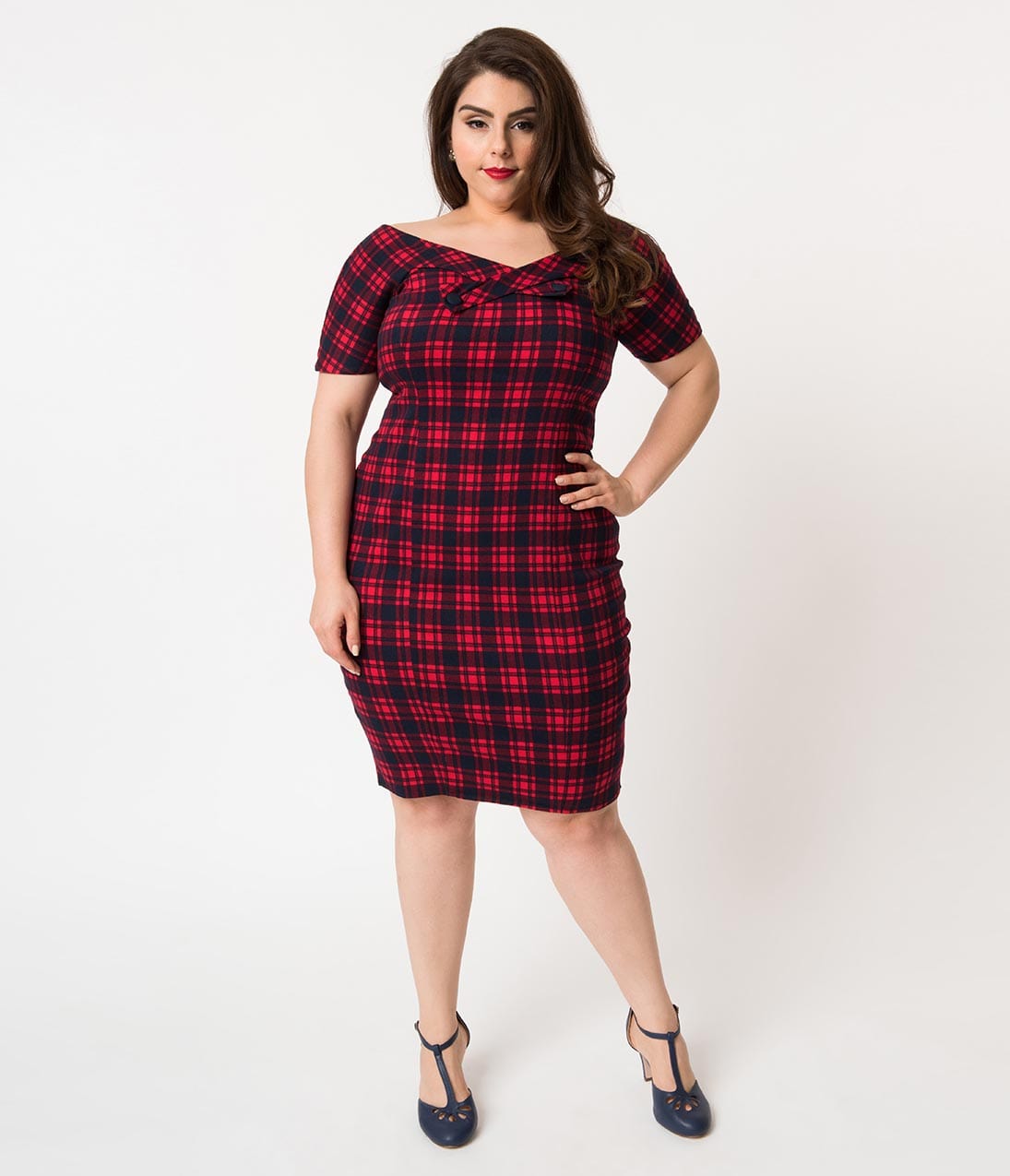 Unique Vintage Plus Size Red & Navy Plaid Cotton Strauss Wiggle Dress & Cape