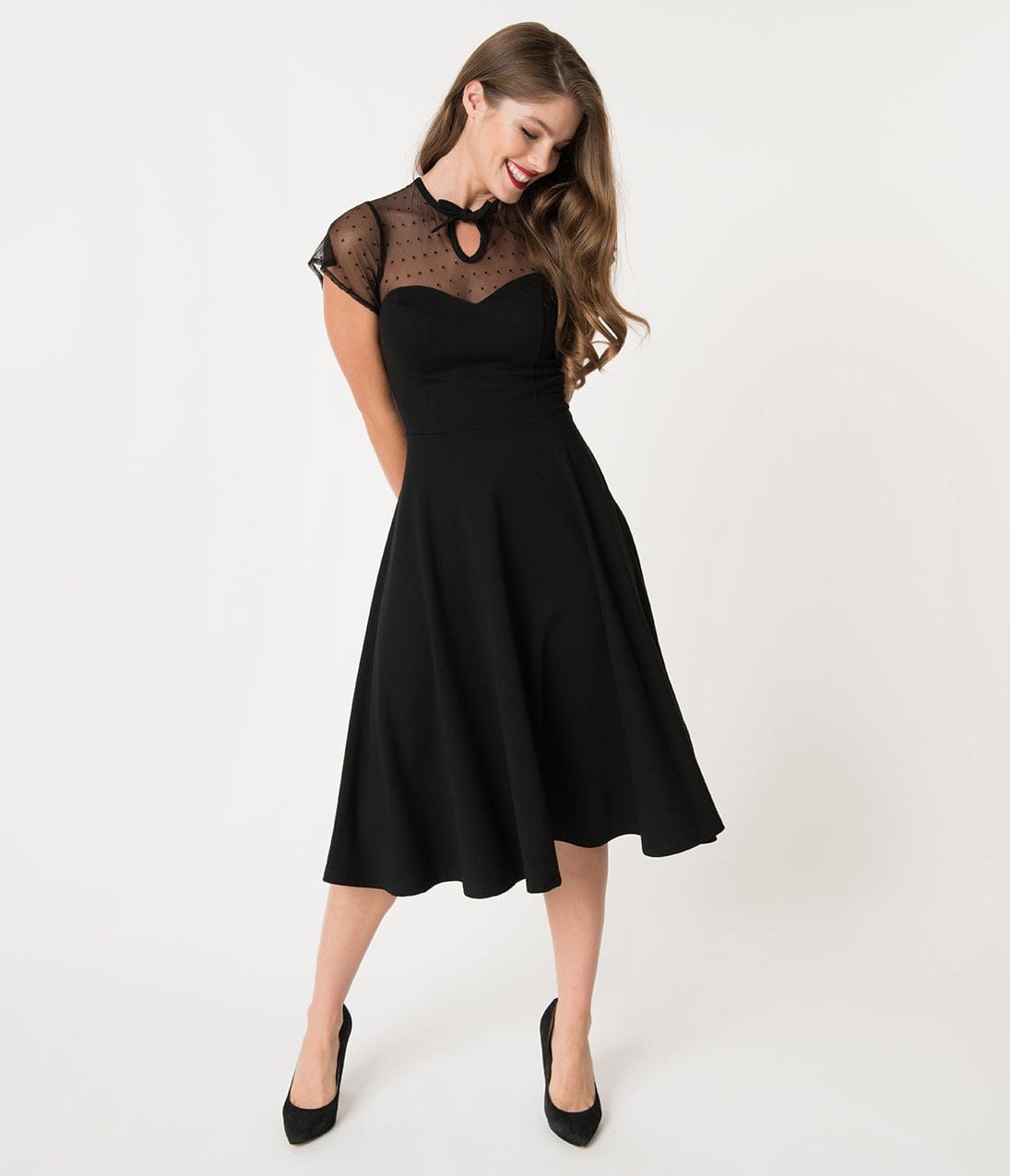 Unique Vintage 1940s Style Black Swiss Dotted Mesh Heather Swing Dress