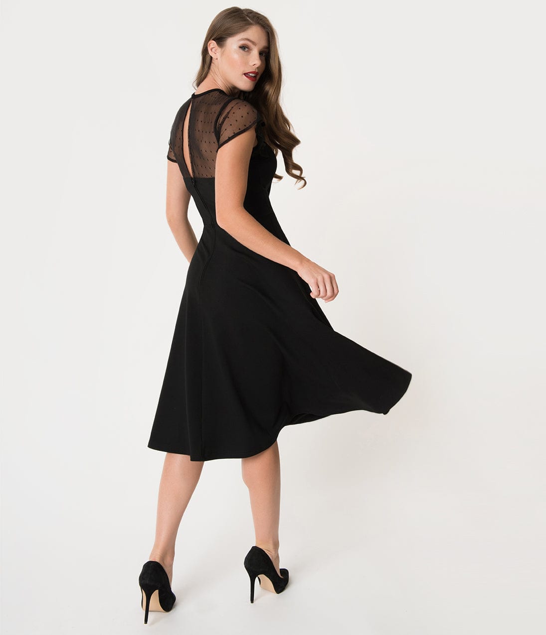 Unique Vintage 1940s Style Black Swiss Dotted Mesh Heather Swing Dress