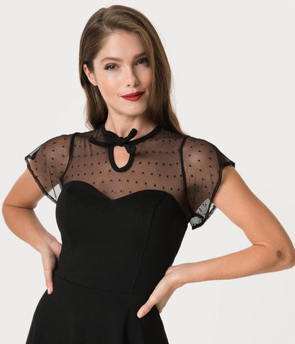 Unique Vintage 1940s Style Black Swiss Dotted Mesh Heather Swing Dress