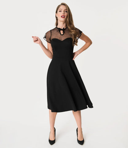Unique Vintage 1940s Style Black Swiss Dotted Mesh Heather Swing Dress