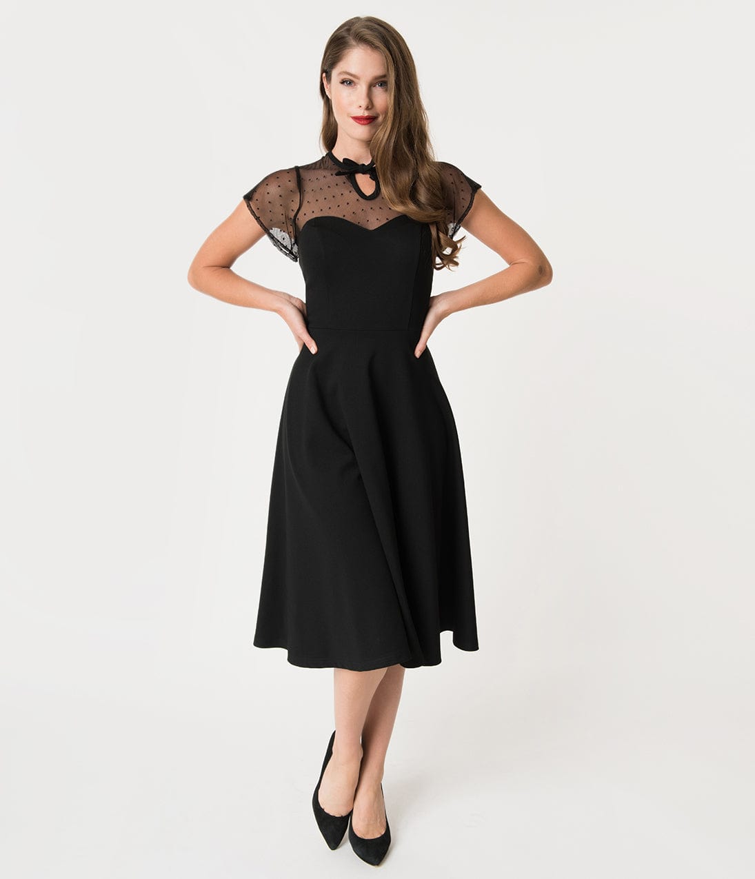 Unique Vintage 1940s Style Black Swiss Dotted Mesh Heather Swing Dress