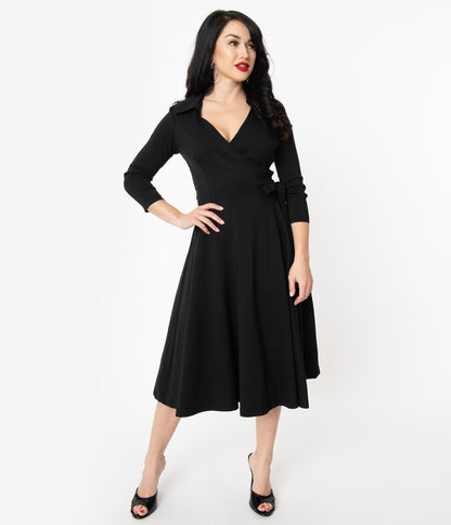 Unique Vintage 1950s Style Black Stretch Sleeved Anna Wrap Dress