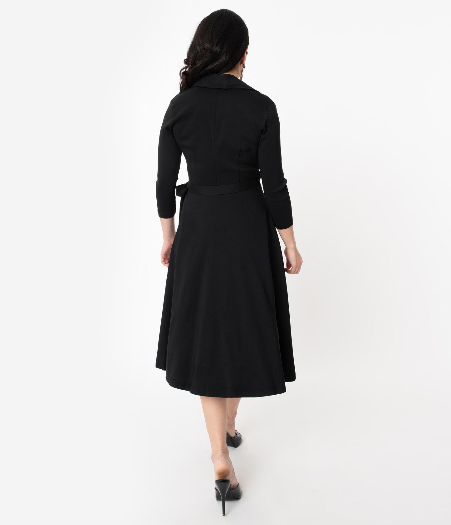 Unique Vintage 1950s Style Black Stretch Sleeved Anna Wrap Dress