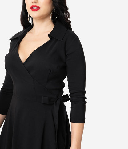 Unique Vintage 1950s Style Black Stretch Sleeved Anna Wrap Dress
