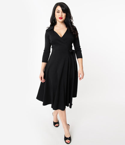 Unique Vintage 1950s Style Black Stretch Sleeved Anna Wrap Dress