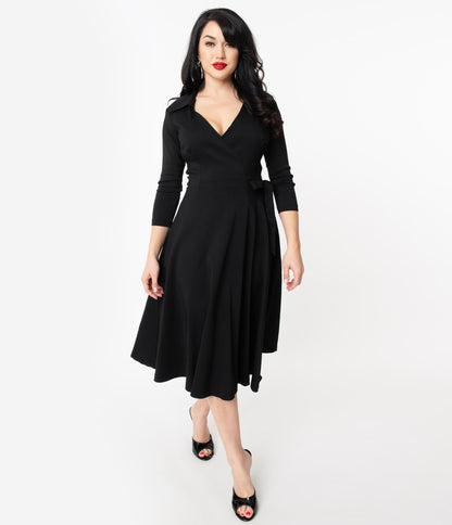 Unique Vintage 1950s Style Black Stretch Sleeved Anna Wrap Dress