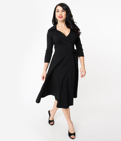 Unique Vintage 1950s Style Black Stretch Sleeved Anna Wrap Dress