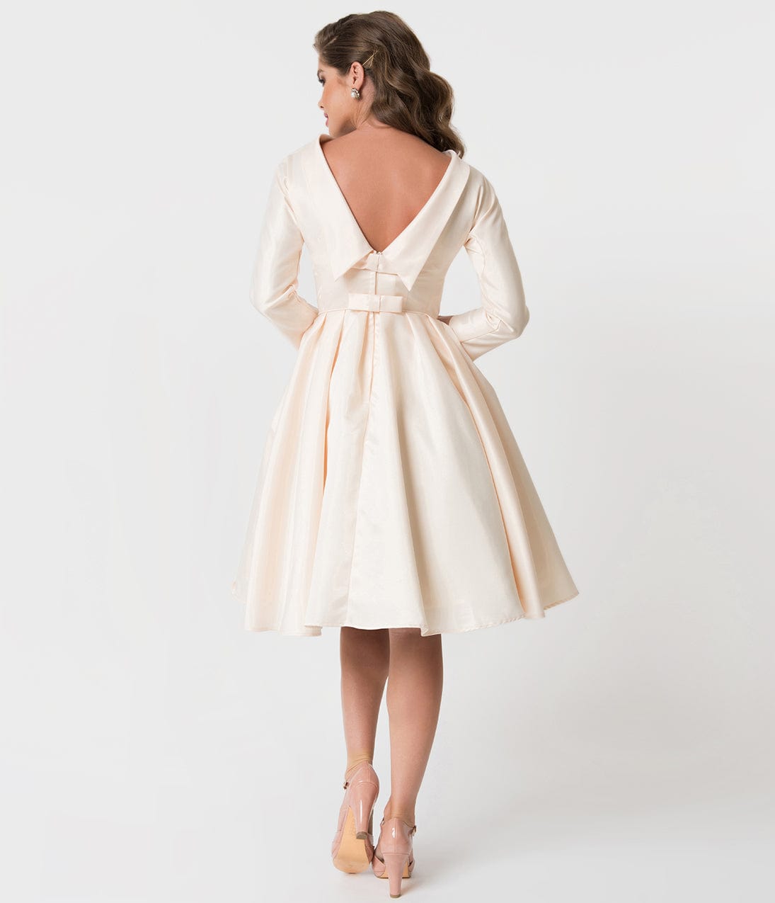 1950s Unique Vintage Cream Satin Sleeved Lana Bridal Dress