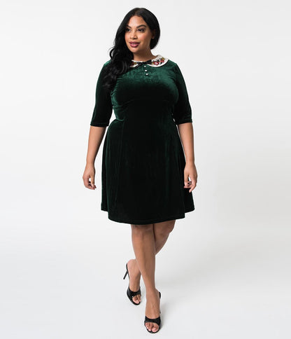Hell Bunny Plus Size Emerald Velvet Holiday Baubles Nicola Flare Dress