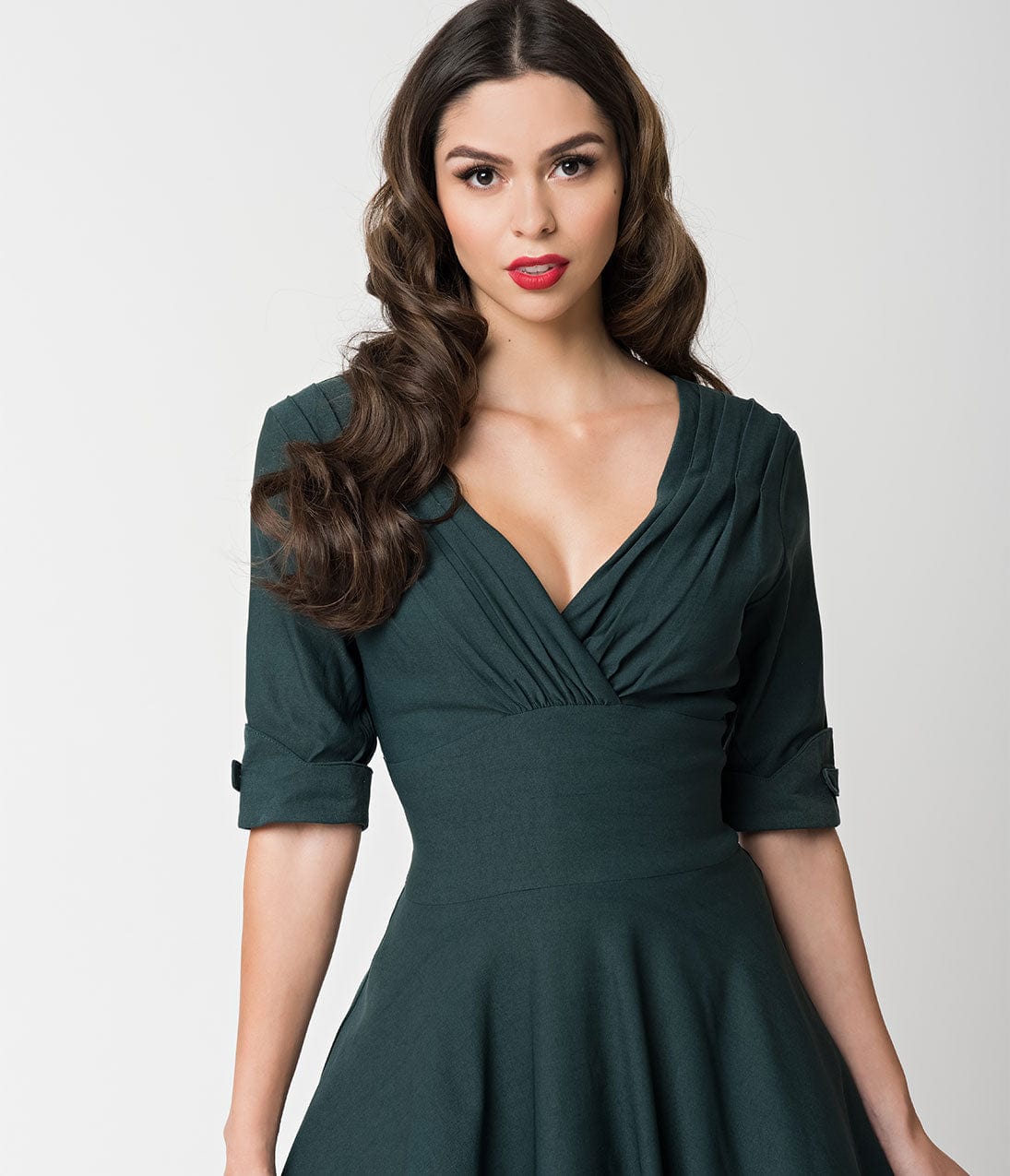 Unique Vintage 1950s Dark Green Delores Swing Dress with Sleeves
