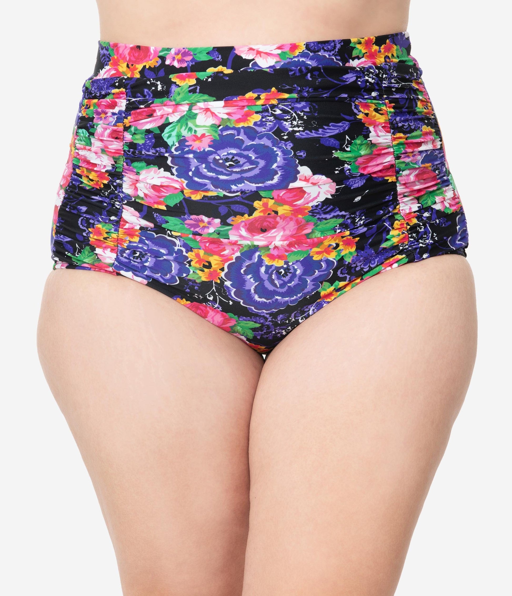 Unique Vintage Plus Size Pink & Purple Floral Print Monroe High Waist Swim Bottom