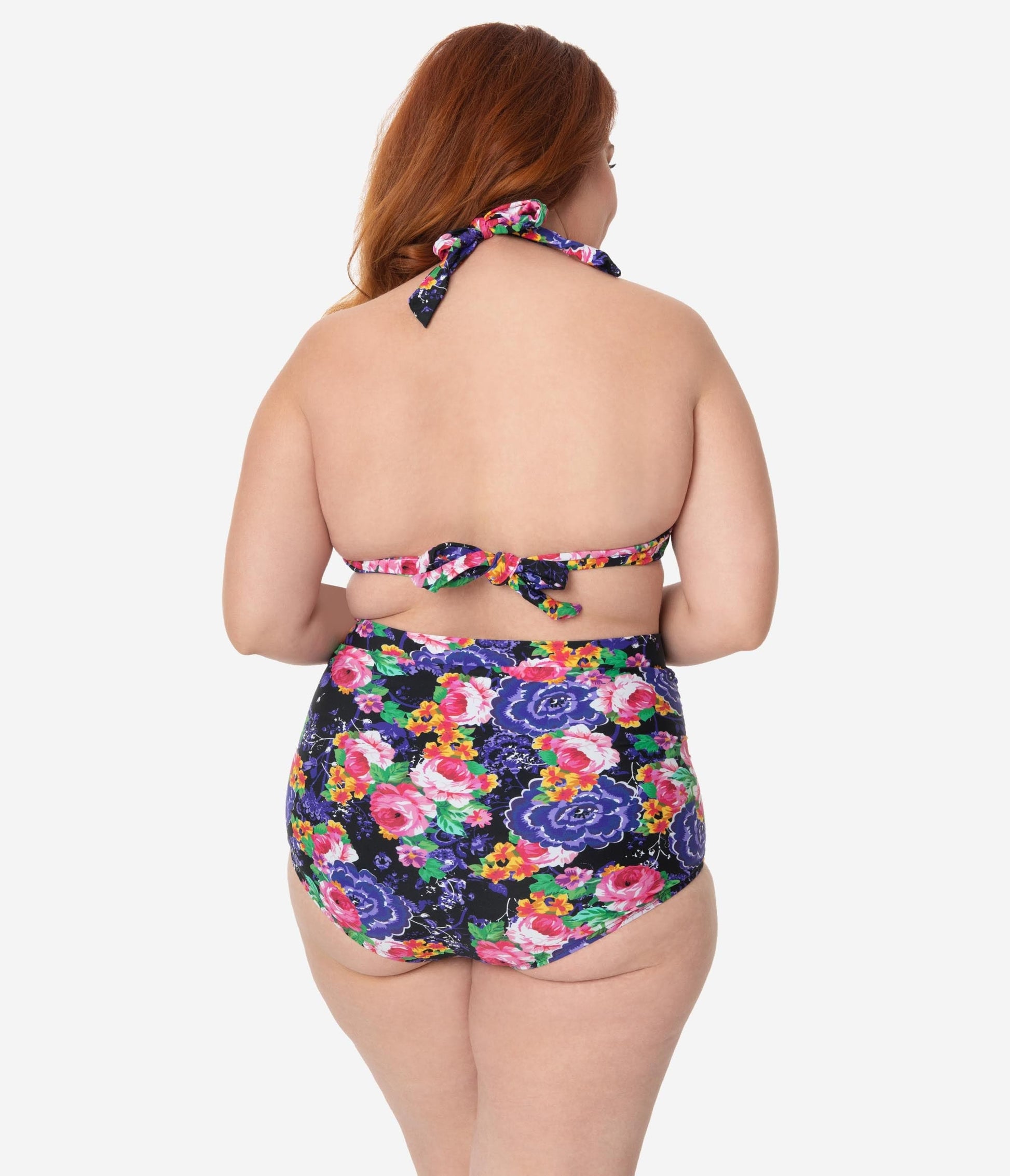 Unique Vintage Plus Size Pink & Purple Floral Print Monroe High Waist Swim Bottom
