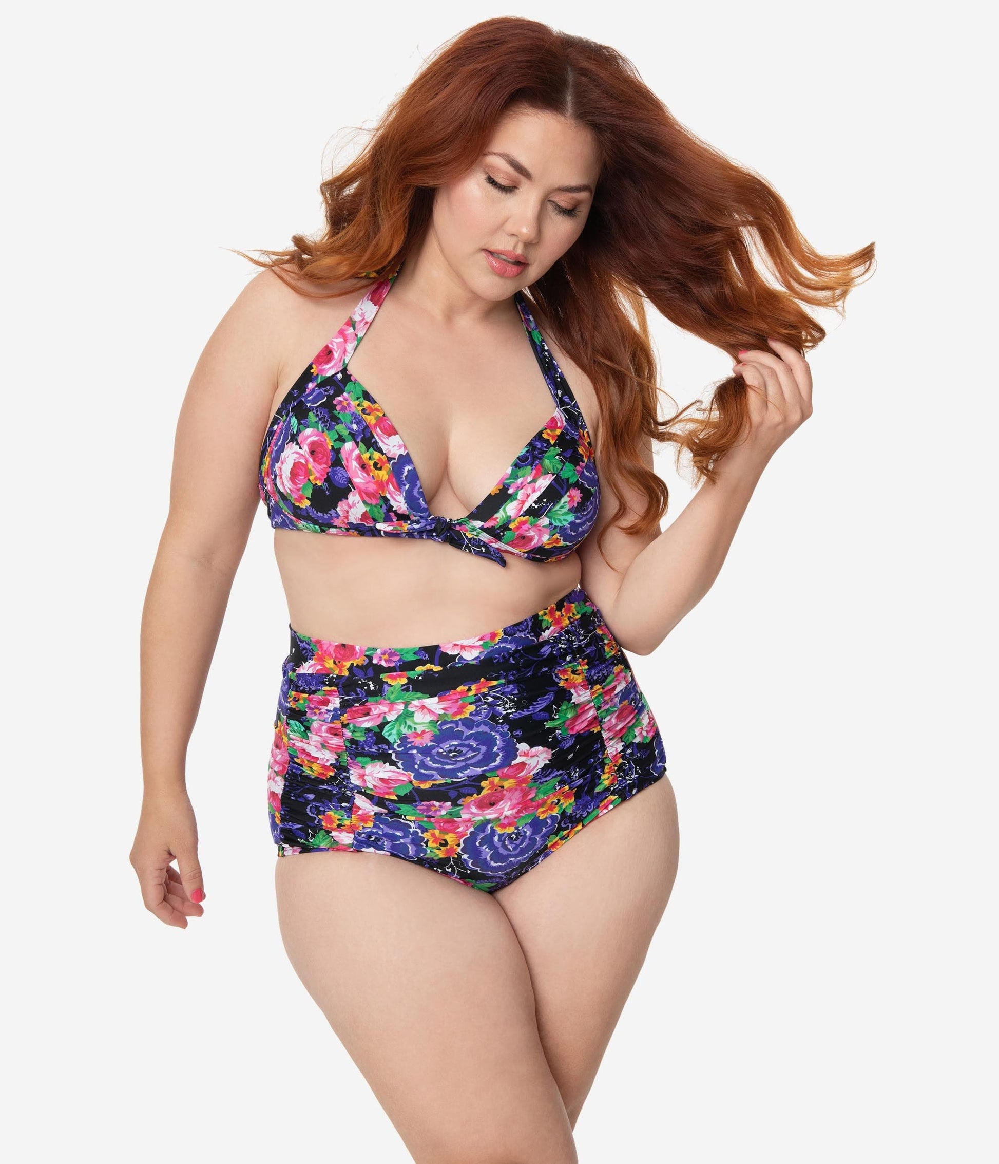 Unique Vintage Plus Size Pink & Purple Floral Print Monroe High Waist Swim Bottom
