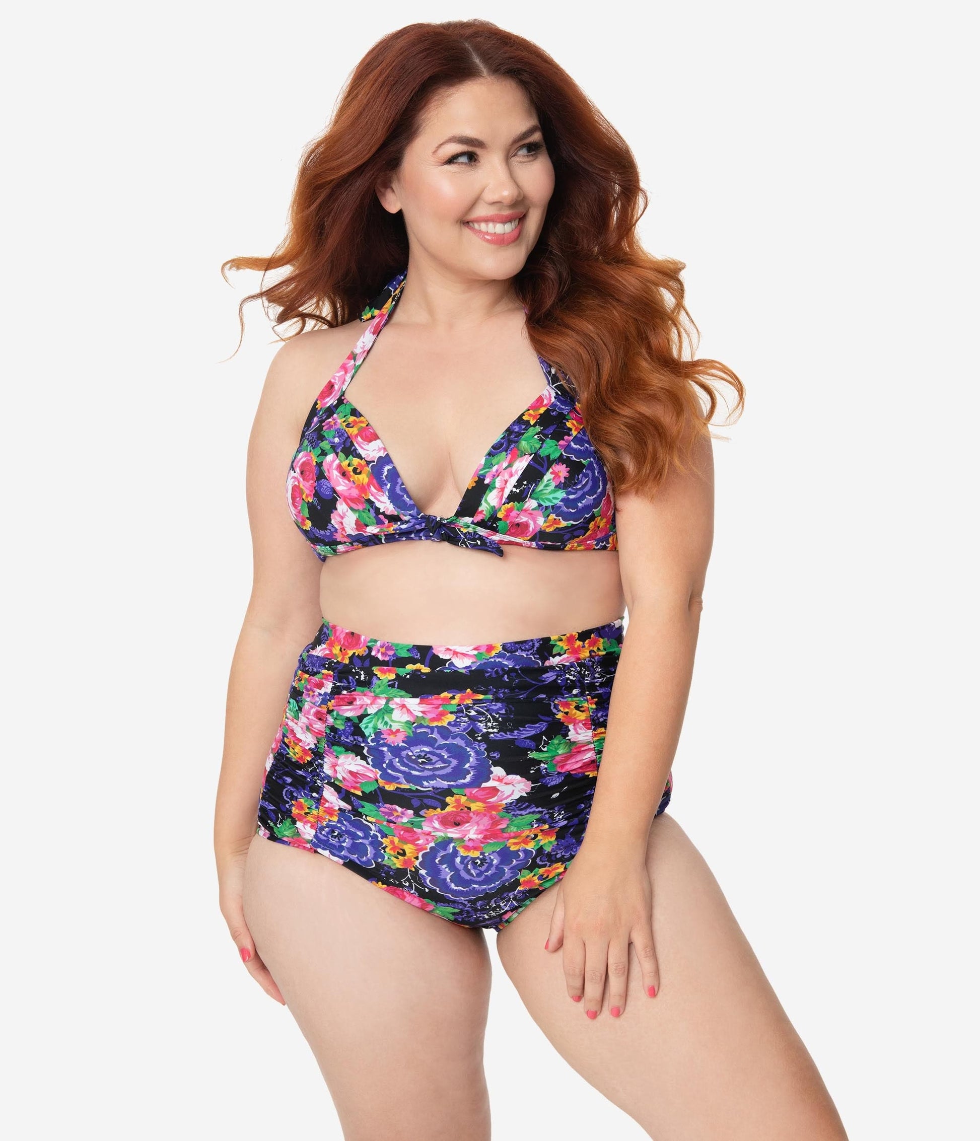 Unique Vintage Plus Size Pink & Purple Floral Print Monroe High Waist Swim Bottom