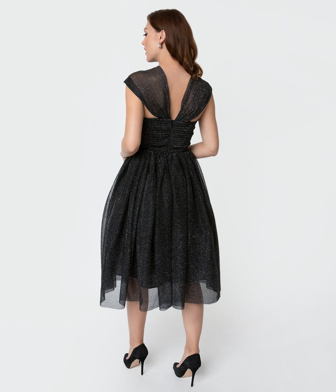 Unique Vintage Black & Silver Glitter Garden State Mesh Cocktail Dress