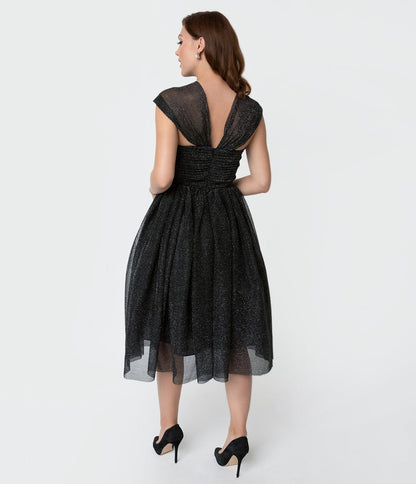 Unique Vintage Black & Silver Glitter Garden State Mesh Cocktail Dress