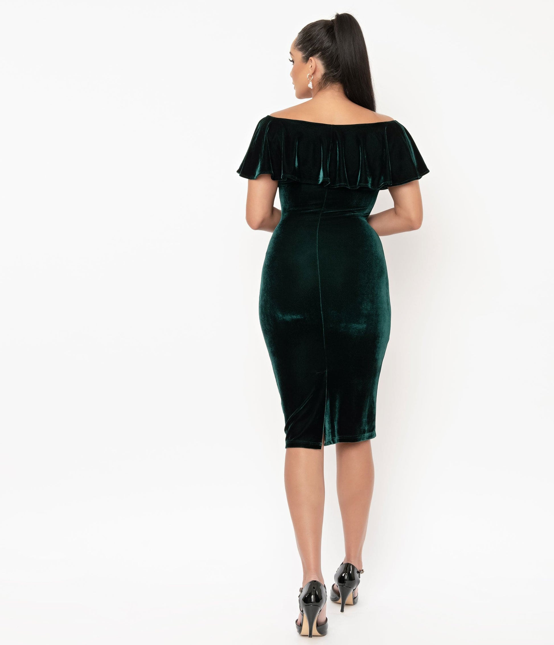 1950s Unique Vintage Emerald Green Velvet Sophia Wiggle Dress