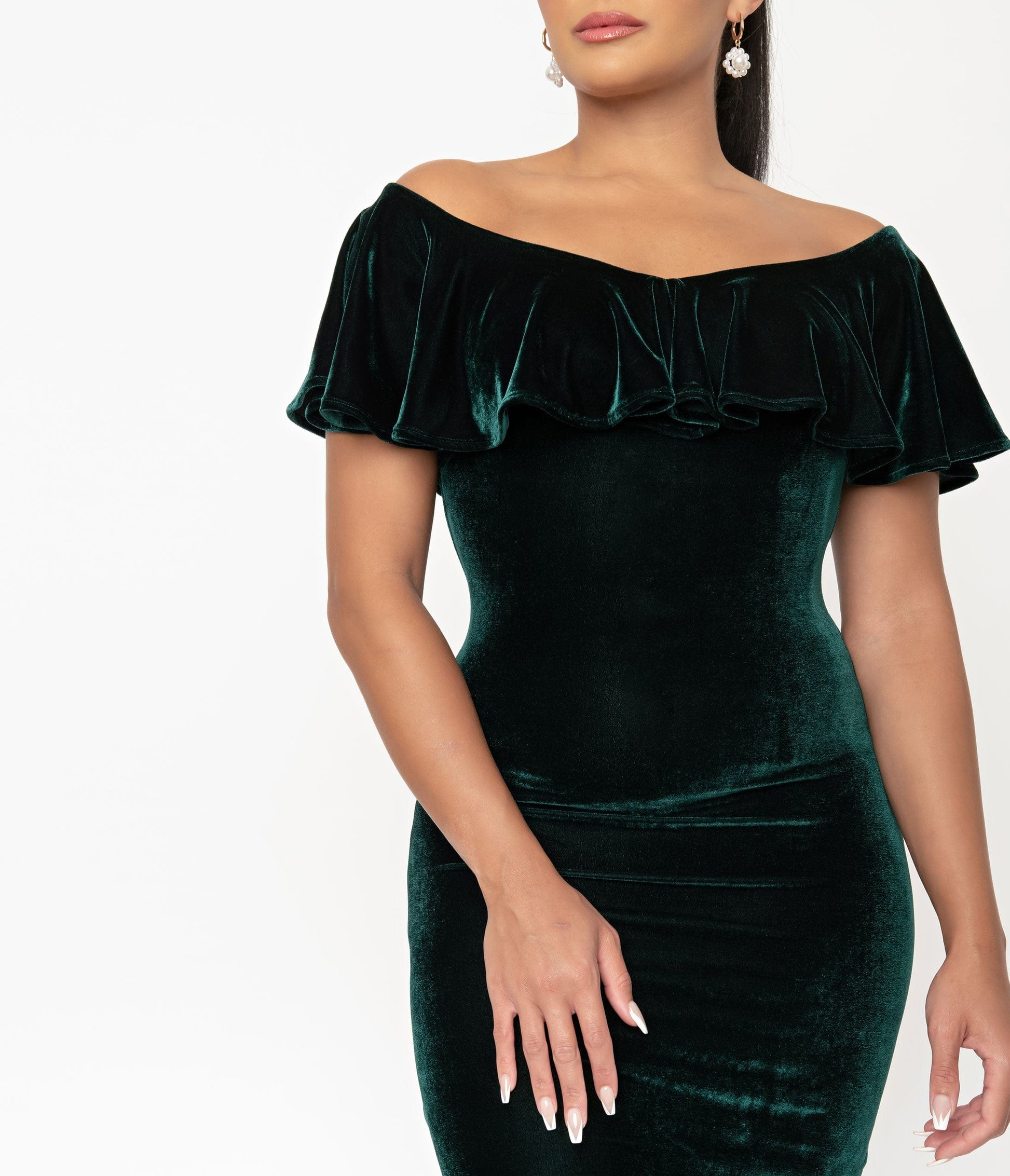 1950s Unique Vintage Emerald Green Velvet Sophia Wiggle Dress