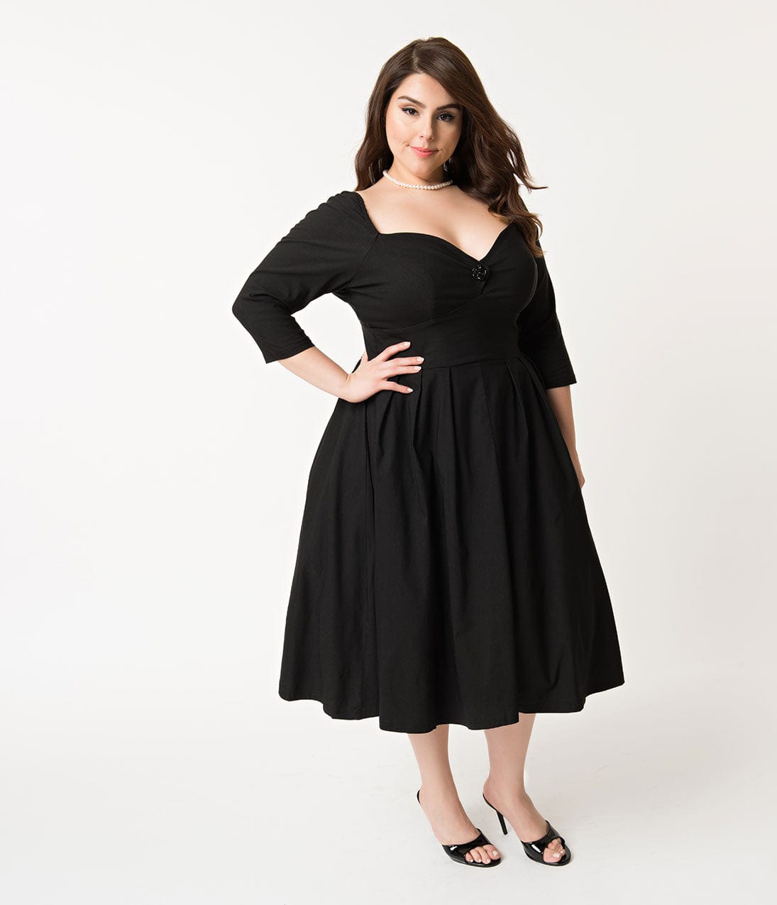 Unique Vintage Plus Size 1950s Black Sweetheart Lamar Swing Dress
