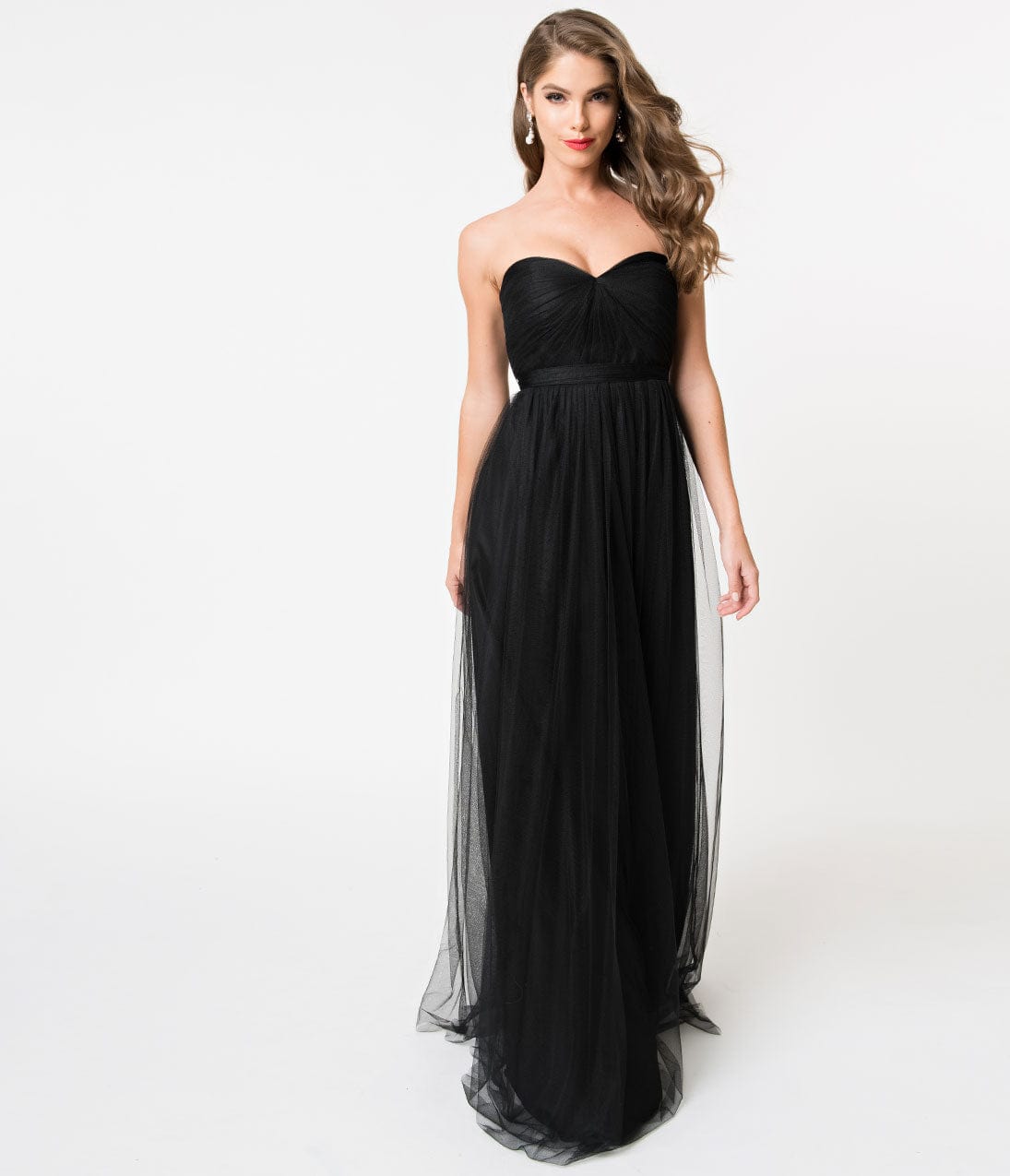 Black Strapless Sweetheart Mesh Sash Long Dress