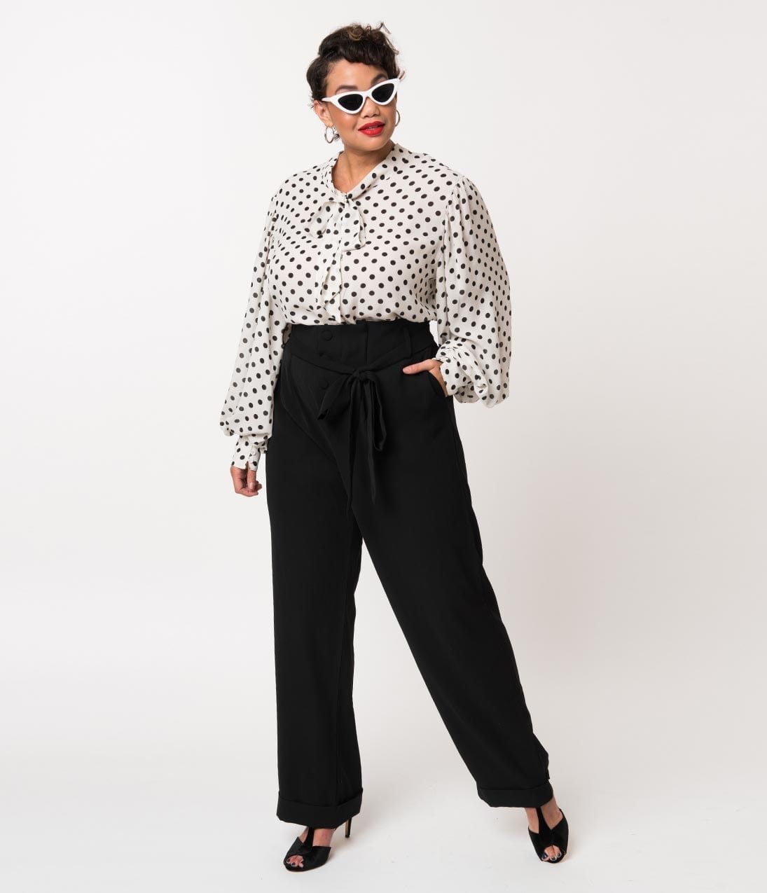 Unique Vintage Plus Size 1940s Style Black Paper Bag High Waisted Myrna Pants