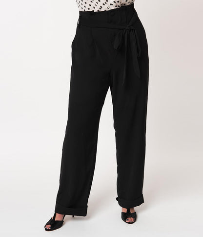 Unique Vintage Plus Size 1940s Style Black Paper Bag High Waisted Myrna Pants