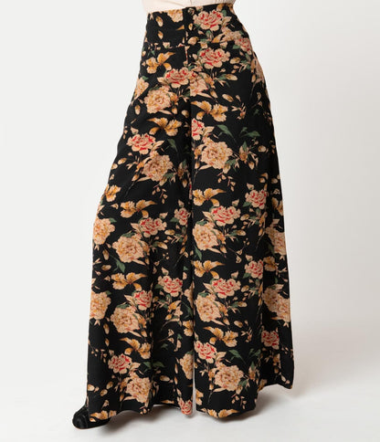Unique Vintage 1940s Style Black & Cream Floral High Waist Rosie Wide Leg Pants
