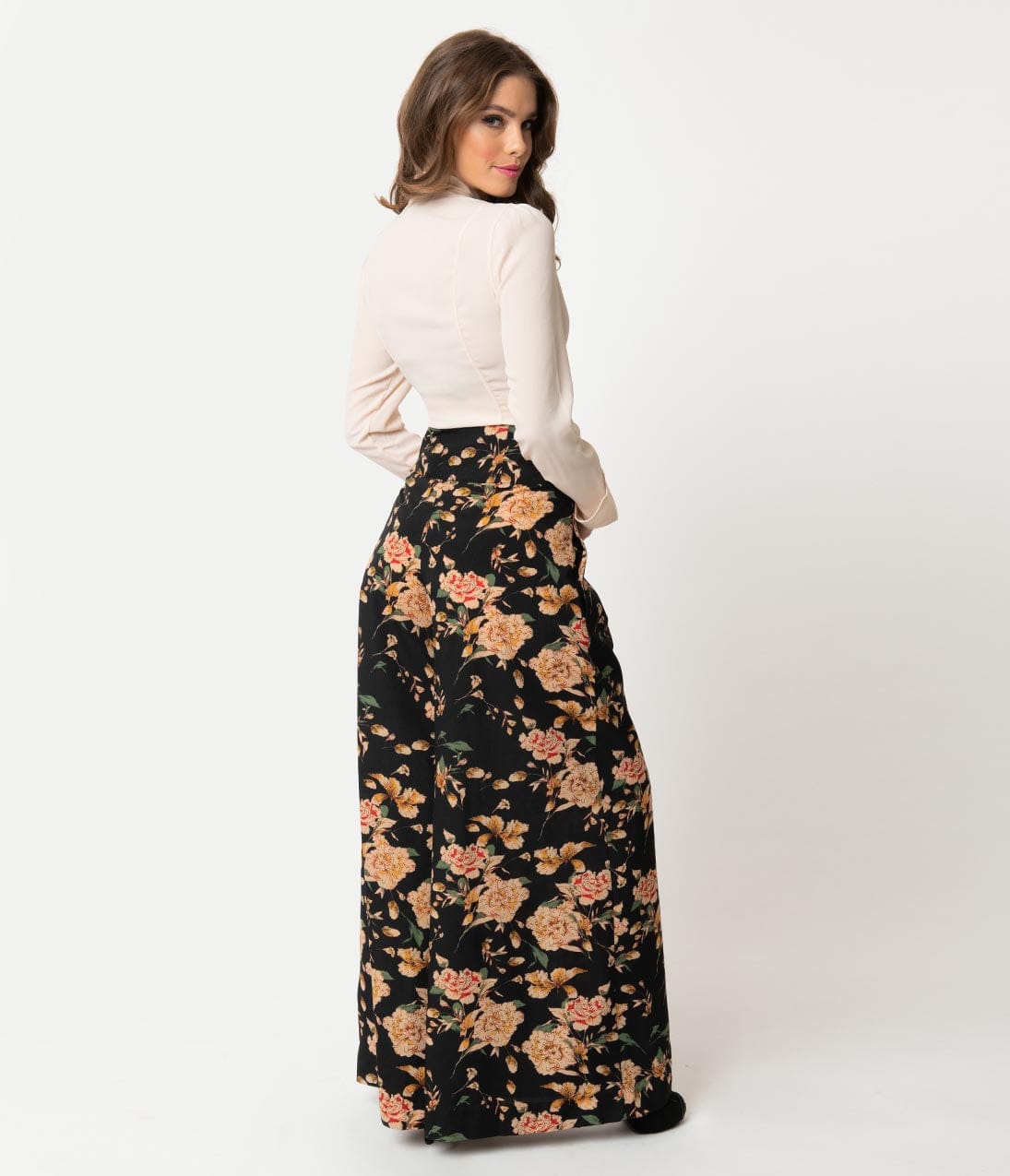 Unique Vintage 1940s Style Black & Cream Floral High Waist Rosie Wide Leg Pants