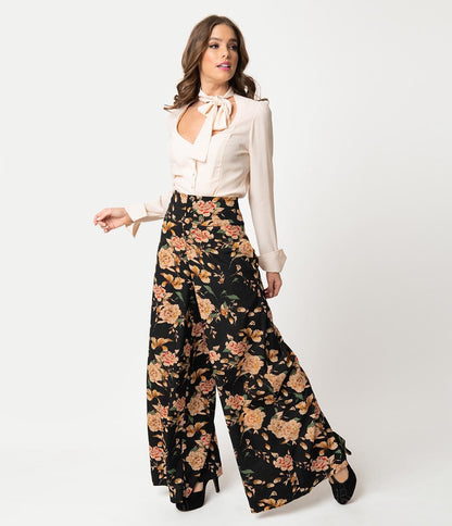 Unique Vintage 1940s Style Black & Cream Floral High Waist Rosie Wide Leg Pants