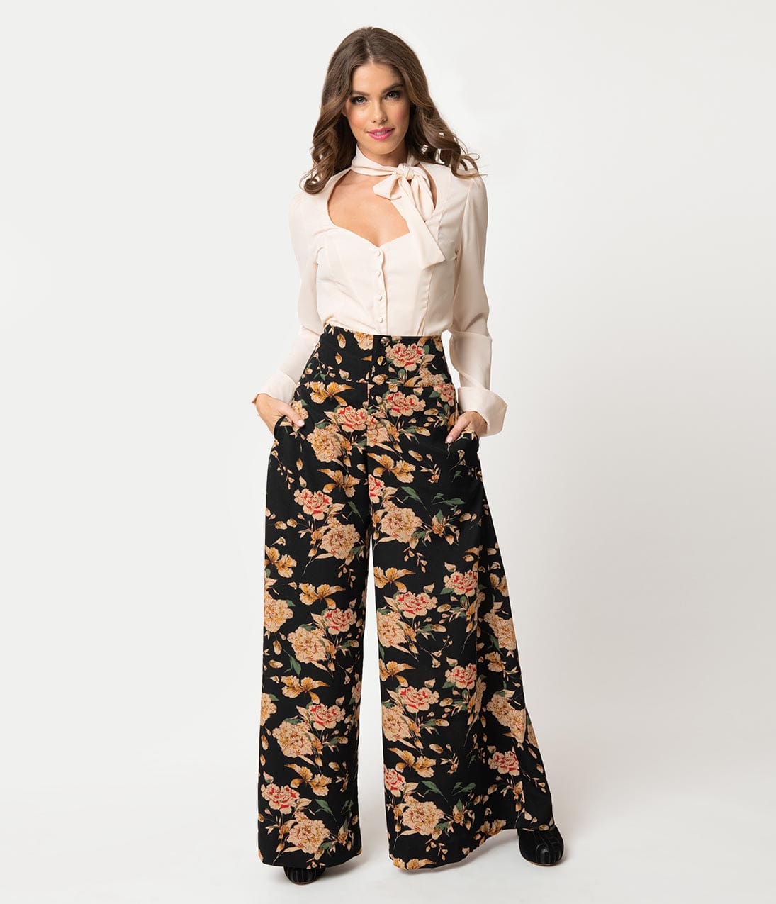 Unique Vintage 1940s Style Black & Cream Floral High Waist Rosie Wide Leg Pants
